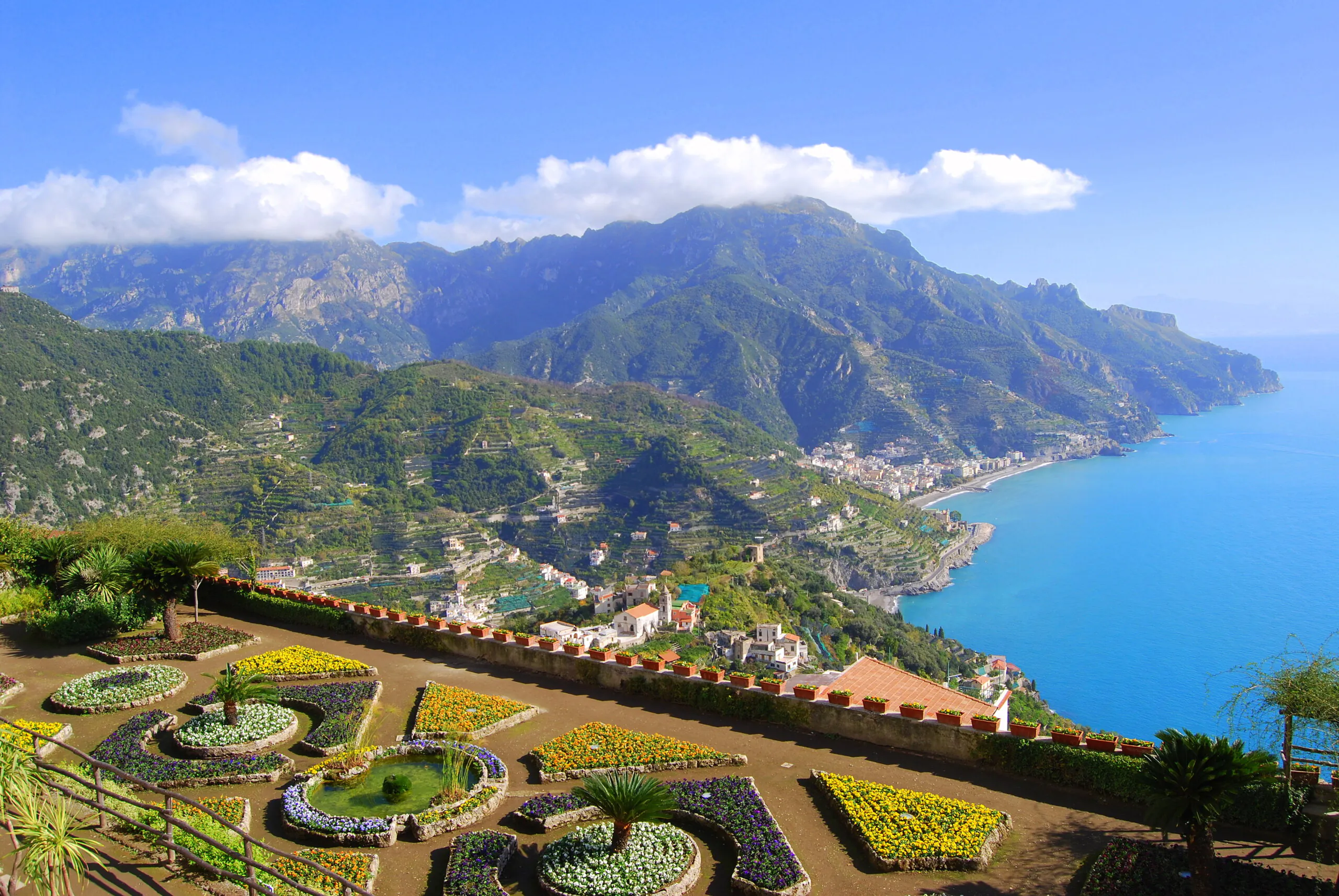 The sunlit Amalfi Coast seen from Ravello
